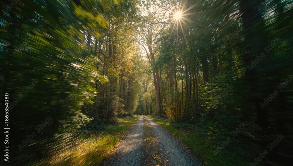 Obraz premium Bright sunlight illuminates a pathway bordered by trees, suitable for use in travel or outdoor activity layouts