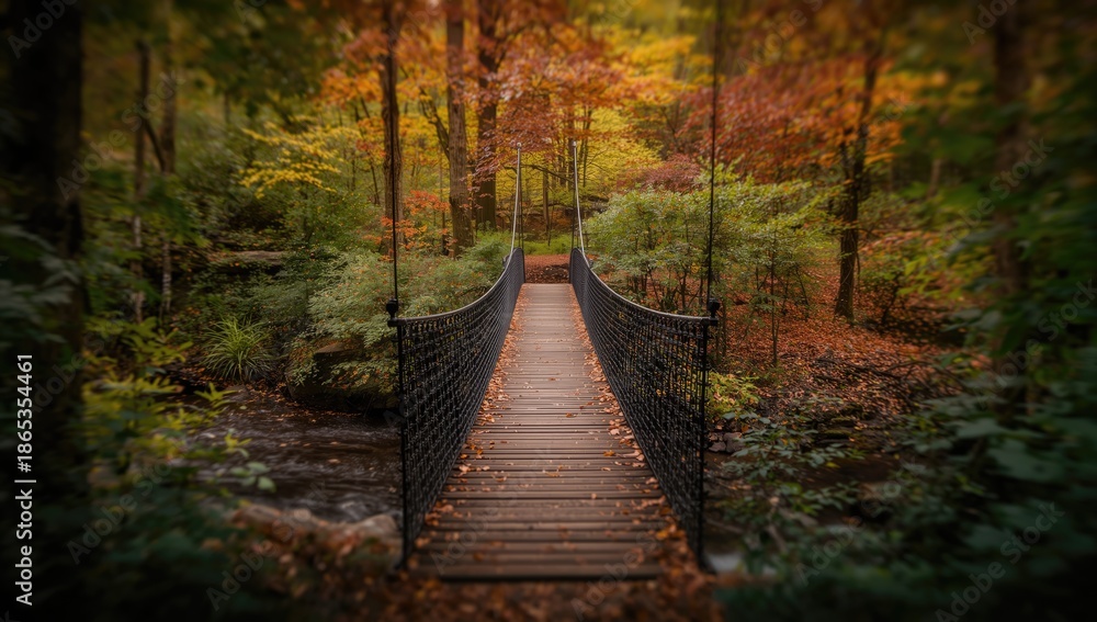 Fototapeta premium Autumn leaves scattered across a wooden suspension bridge, emphasizing seasonal transition