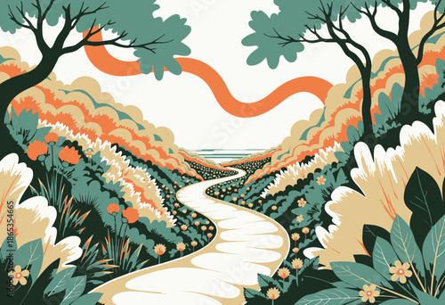 Vibrant pathway through a whimsical, colorful landscape with lush foliage, abstract trees, vivid flowers, and winding path leading towards distant serene hills under an animated sky