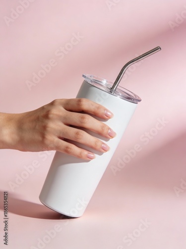Hand holding a white tumbler with metal straw and clear lid, angled against a soft pink background with shadow overlay