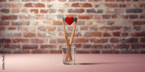 Dual toothbrushes placed in a glass with a red heart overlay against a brick wall, highlighting personal care and affection, © vxnaghiyev