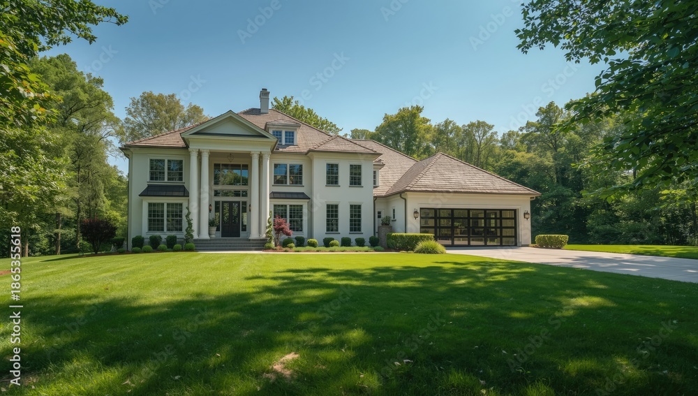 Fototapeta premium Contemporary house facade featuring a well-maintained lawn and garden, designed for residential presentation