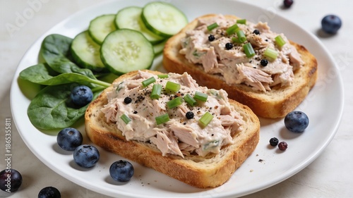 Two sandwiches with tuna salad on white plates