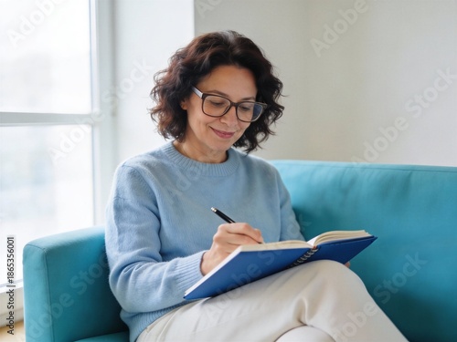 A woman is sitting on a couch and writing in a blue notebook