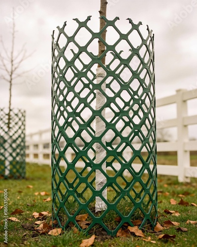 A green metal fence surrounds a tree