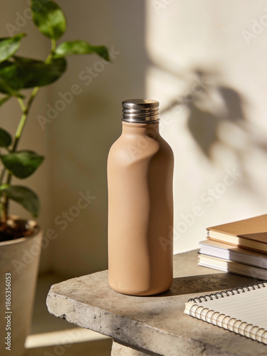 Minimalist reusable water bottle in a soft tan hue, set against a backdrop of lush green plants and dappled sunlight on a rustic surface.