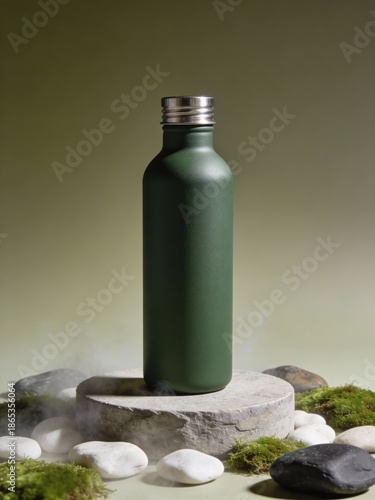 A sophisticated dark green reusable water bottle displayed on a stone base with moss and stones, creating a serene, natural ambiance with subtle mist.