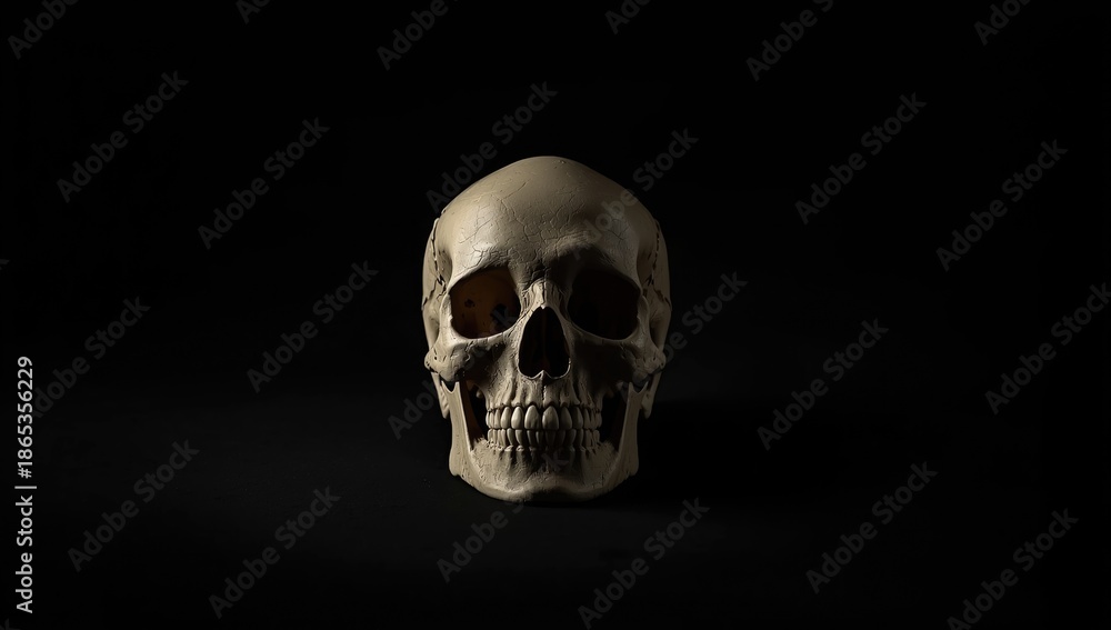 Fototapeta premium Human skull photographed from the front against a black backdrop, used for anatomical reference or medical illustration