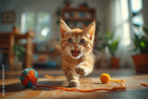 Adorable ginger kitten plays enthusiastically with a ball of yarn on a wooden floor in a sunlit room