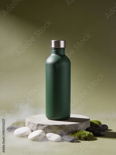 Dark green reusable water bottle presented on a natural stone pedestal surrounded by moss and white pebbles, with ethereal wisps of smoke.