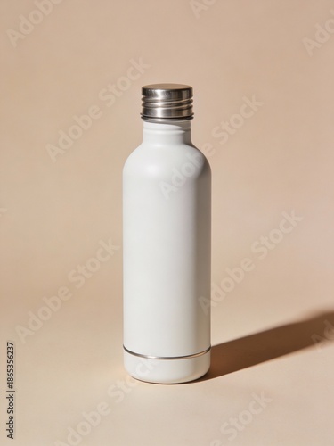 A clean, modern white reusable water bottle with metallic accents, presented on a neutral background with elegant, soft shadows.