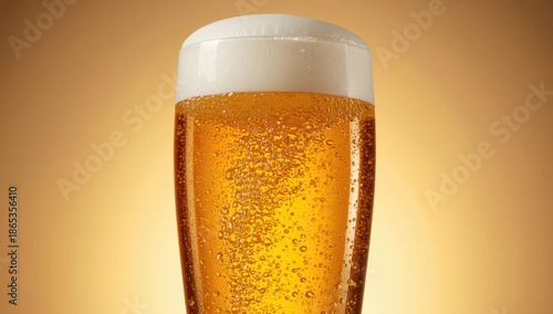 Foam-topped beer in a glass with visible bubbles, highlighting carbonation, International Beer Day