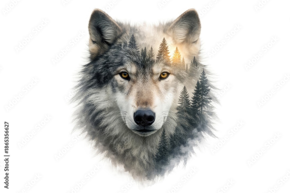 Fototapeta premium Double exposure effect showing a wolf face isolated on a clean white backdrop