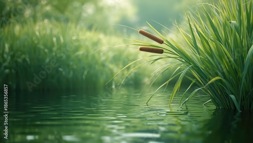 Green cattail leaves formin...