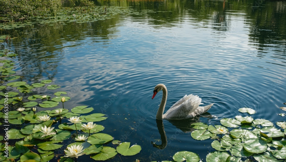 Fototapeta premium Waterway dotted with lilies, used as an editorial header background