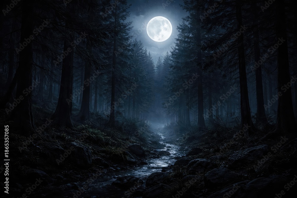Fototapeta premium Full moon casting silver light across a shadowy forest
