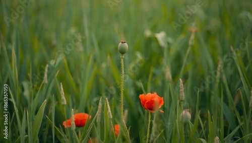 Close-up of poppy seed capsules with flowers and grass, illustrating springtime nature, World Environment Day