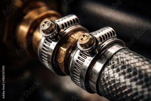 Macro image showing metal hose clamps in plumbing with a gently blurred background