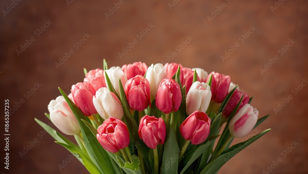 Obraz premium Vivid tulip bouquet on a brown backdrop, ideal for floral layout or botanical pattern use