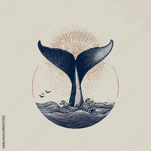 Whale tail illustration with ocean waves and birds under a sunburst design