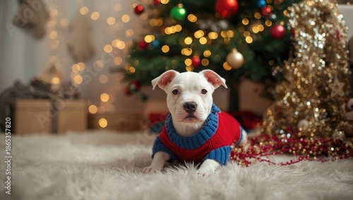 Small white puppy wearing a...