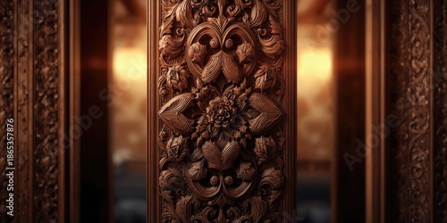 Decorative wood carving with complex motifs, highlighting craftsmanship and natural material, World Art Day © vxnaghiyev