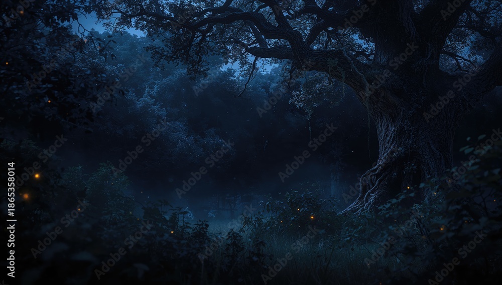 Fototapeta premium Nighttime woodland with ethereal illumination, creating an enchanting atmosphere for fantasy themes