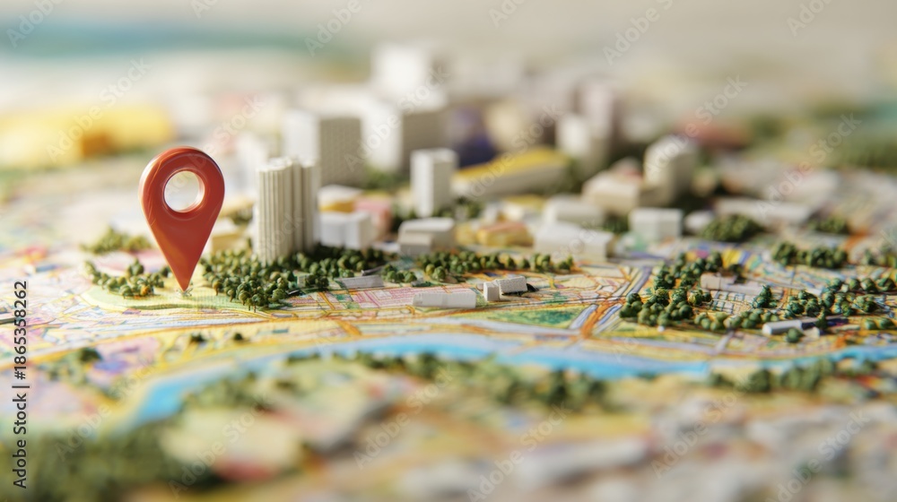 Fototapeta premium Map marker shows location in city with buildings and greenery visible