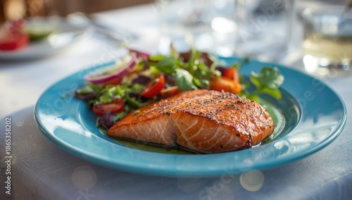 Soft-focused roasted salmon...