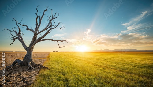 A split landscape with a wi...