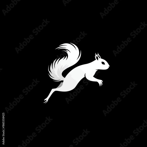 White squirrel in mid air on black background graphic illustration