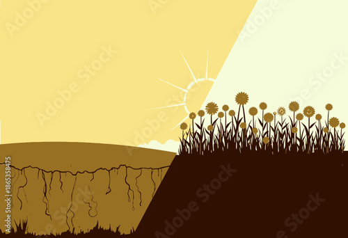 Illustration of a Split Landscape Showing Contrast Between Blooming Flowers and Bare Soil with Underlying Roots on a Sunny Day