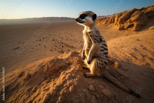 A vigilant meerkat stands watch atop a sun-drenched desert dune, surveying the vast, arid landscape under a clear, expansive sky, embodying the resilience of desert wildlife