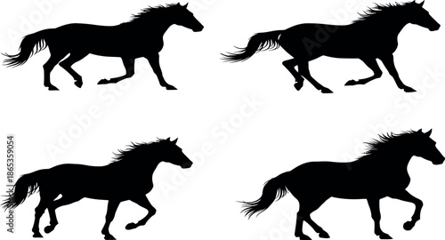 Four black horse silhouettes in different running positions on a white background