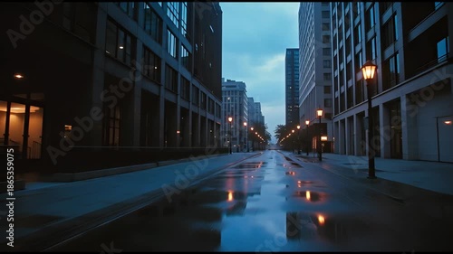 Rainy City Street Reflections Evening Dusk Urban Landscape Modern Architecture Lights Wet Pavement Moody Atmosphere Business District Twilight Drive Through
