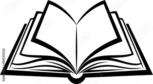 An open book with pages spread wide in a simple black and white illustration style