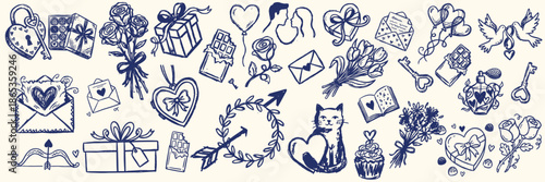 Hand drawn sketch valentines icons pattern close up with roses gifts hearts cat holding heart envelope wreath arrows on blue cream background