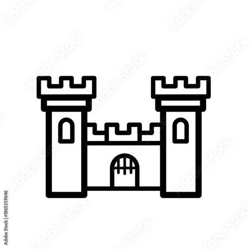 Medieval castle building with tower and gate, line vector icon