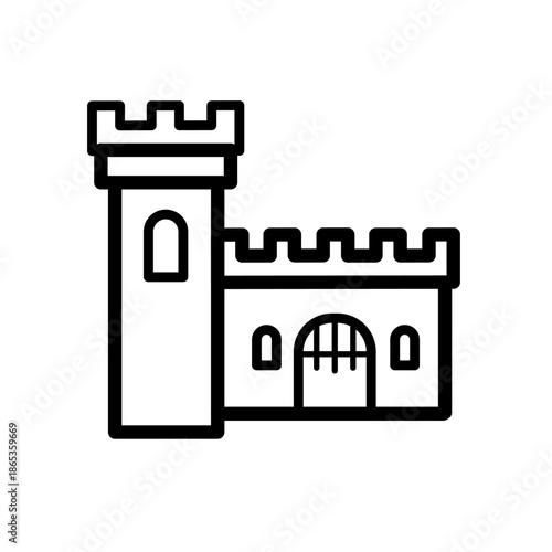 Medieval castle building with tower and gate, line vector icon