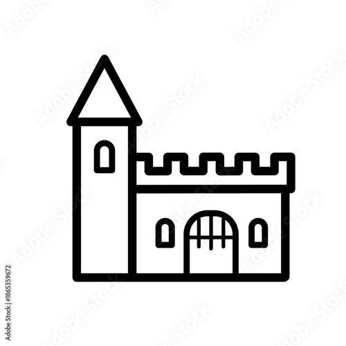 Medieval castle building with tower and gate, line vector icon