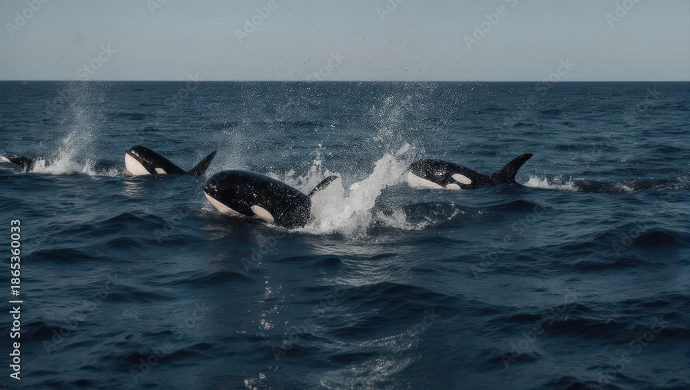 Obraz premium Pod of Orcas Splashing and Swimming in the Deep Blue Ocean Waters.