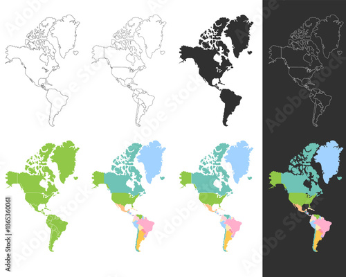 America map set. North and south America territory, country. Vector illustration. Education, travel, political map, cartography.