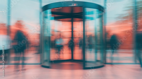 People entering a building through a revolving door in the evening