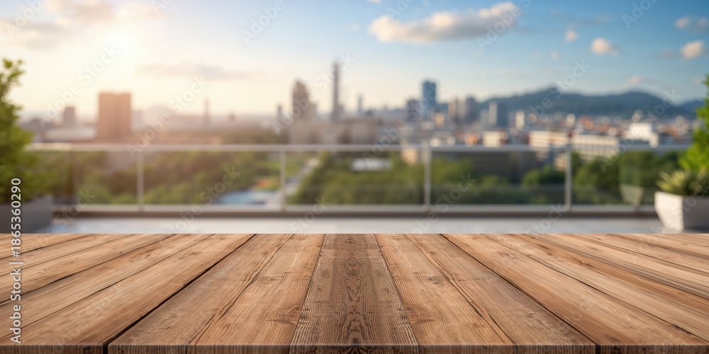 Fototapeta premium Wood tabletop with a city skyline blur in the background serving as a UI backdrop, urban density