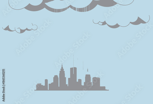 Illustration of a Modern City Skyline Underneath a Dramatic Cluster of Rain-Heavy Clouds Releasing Streams of Raindrops Against a Soft Blue Backdrop