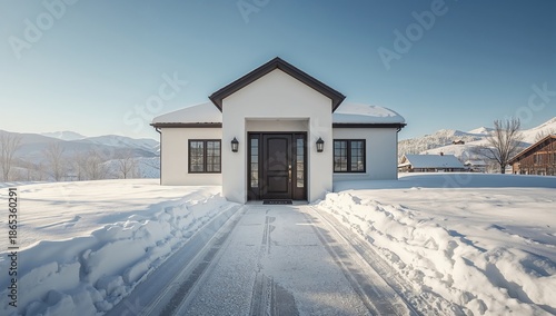 Snow-covered driveway leadi...