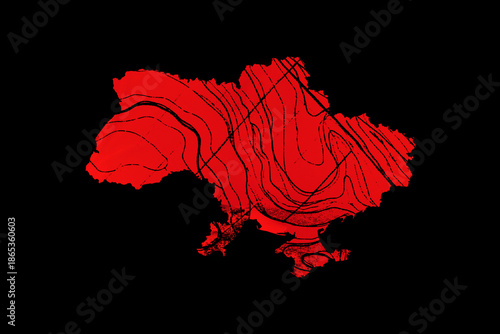 A red map of Ukraine with black lines on a black background as a symbol of tension, danger, war, and hope