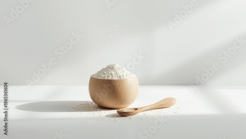 Cake flour contained in a wooden cup with a wooden spoon, typical for baking ingredients