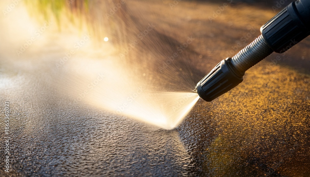 Naklejka premium high pressure cleaning of a surface with water spray a close up shot captures a high pressure washer in action spraying water onto a surface creating a mist