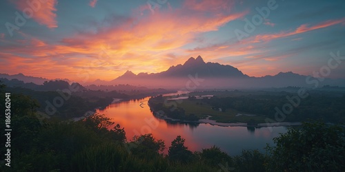 Sunrise over a river with a...